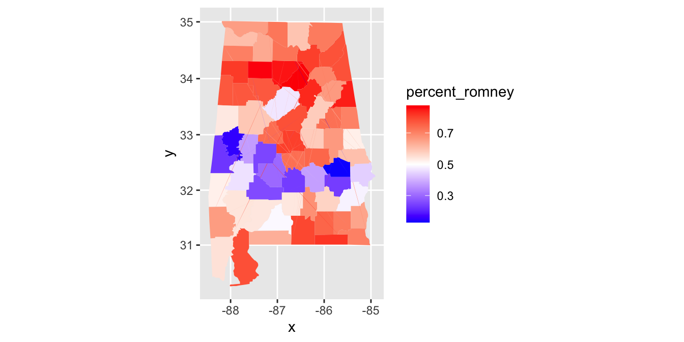 Chloropleth map for the 2012 presidential election in Alabama.